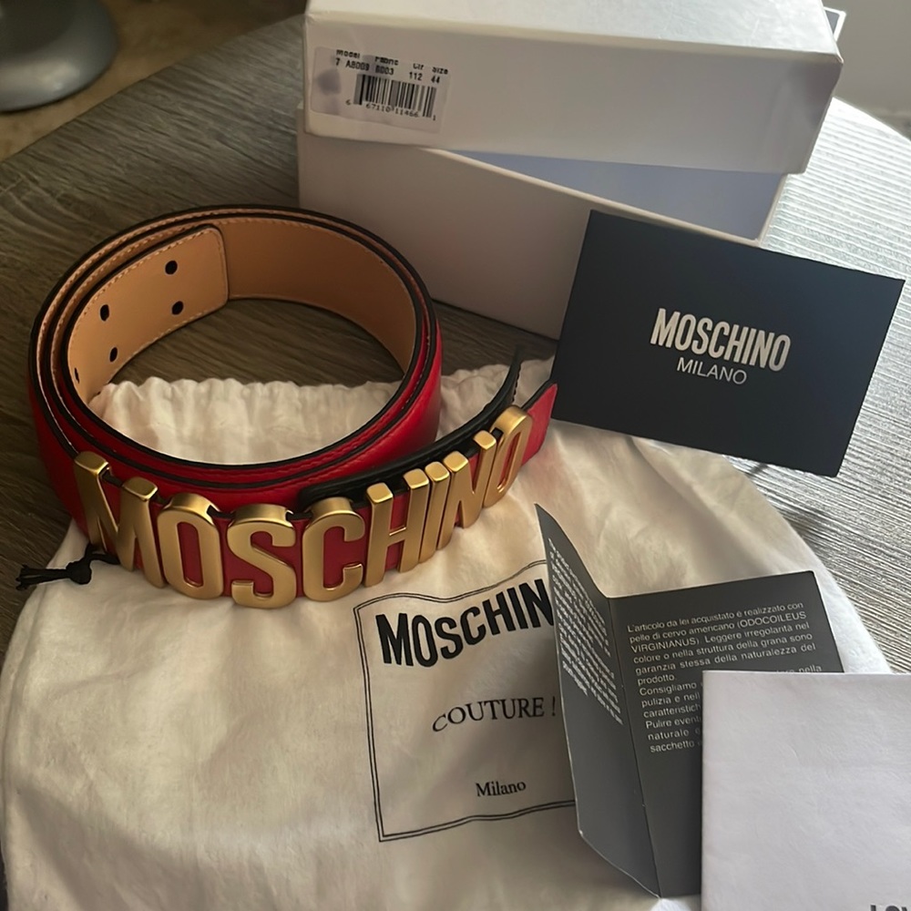 Womens MOSCHINO Red Logo Leather Belt Size 44 EU